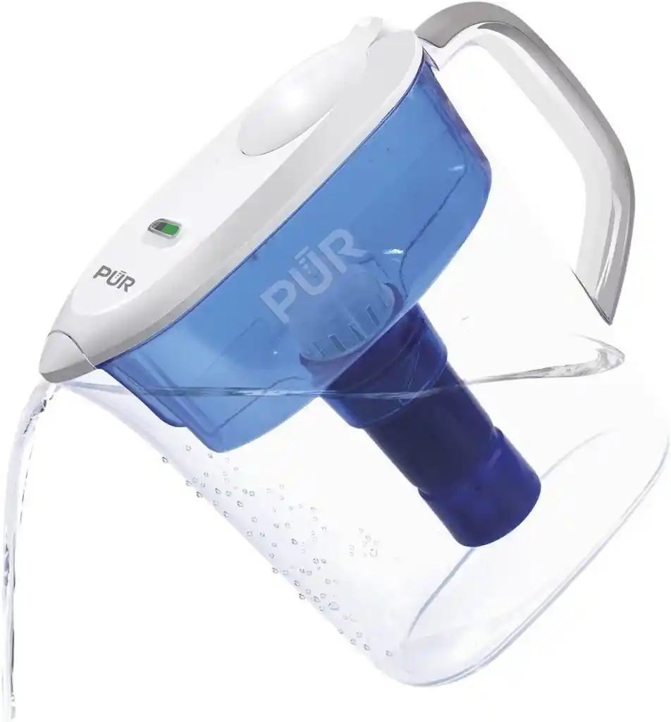 Pitcher water filter used for simple home water purification, providing clean and safe drinking water by removing impurities from tap water