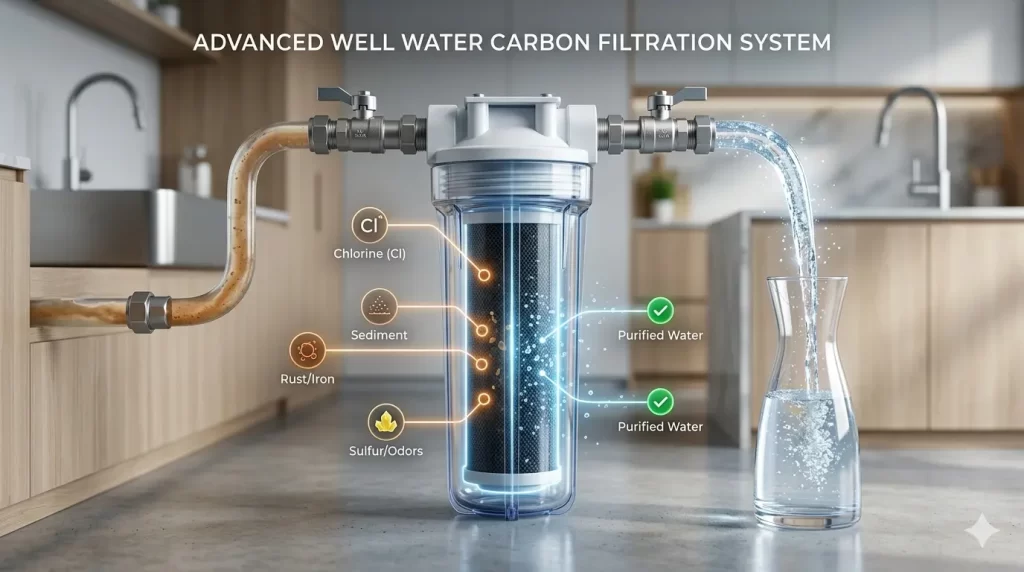 Best carbon filter for well water showing removal of contaminants like chlorine, iron, sulfur, and sediment for clean drinking water