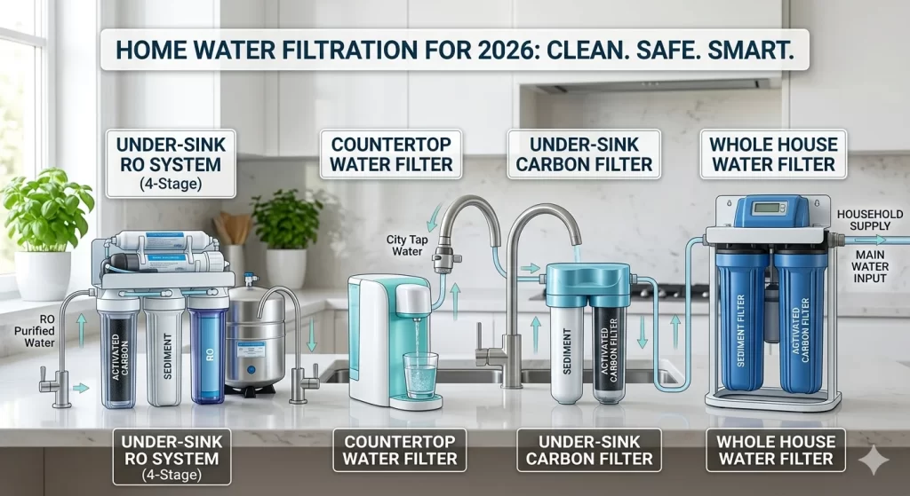 Different types of home water filters including RO system, countertop, and whole house filtration system for clean and safe drinking water in 2026