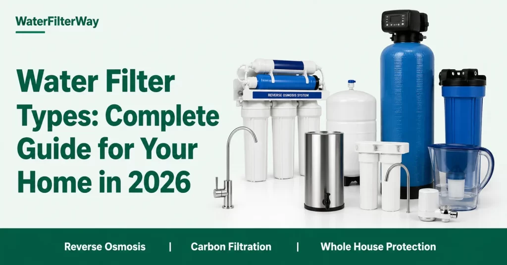 Different types of home water filters including RO system, countertop, and whole house filtration system for clean and safe drinking water in 2026