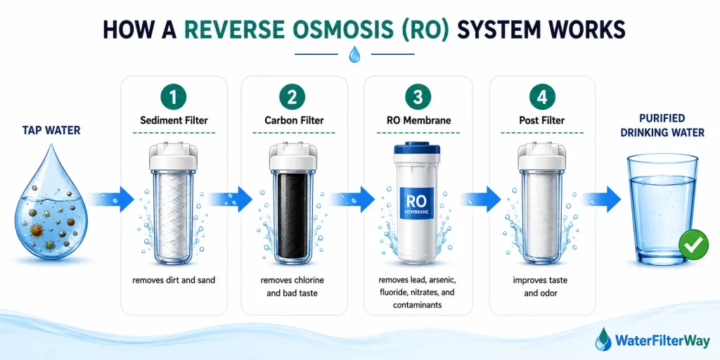 Educational diagram showing how a reverse osmosis (RO) water filtration system works, including sediment filter, carbon filter, RO membrane, and post filter stages that transform tap water into purified drinking water.