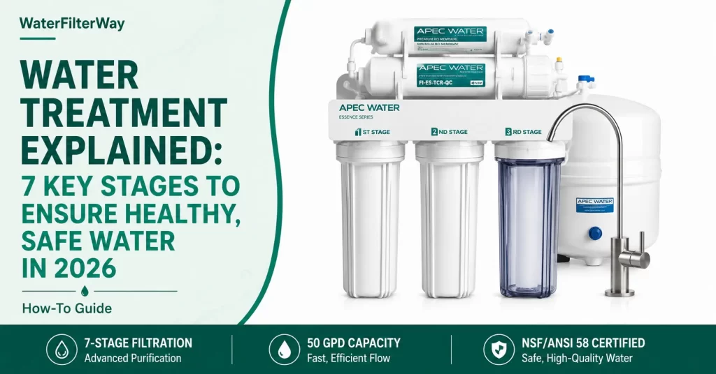 Modern water treatment system showing 7 key purification stages transforming impure water into clean and safe drinking water