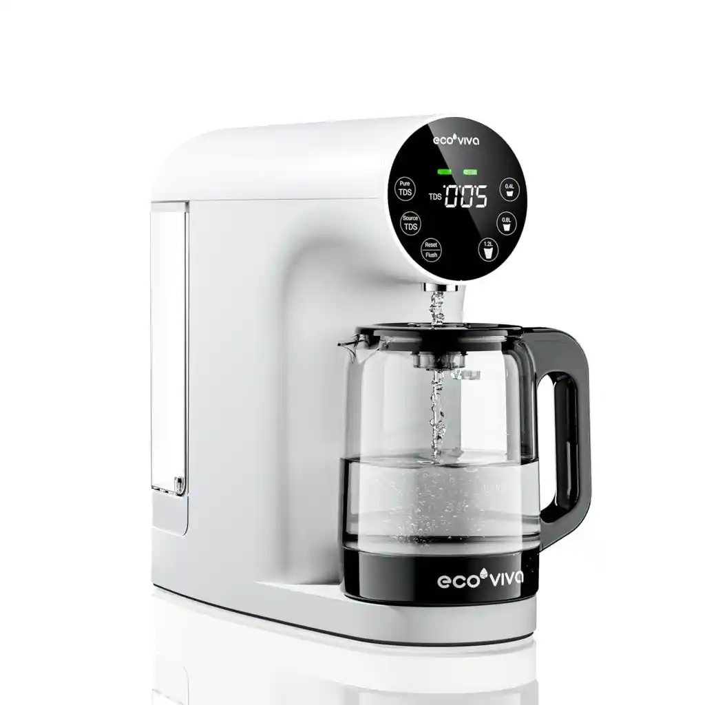 Countertop reverse osmosis water filtration system providing advanced multi-stage purification for clean, safe, and great-tasting drinking water at home or office