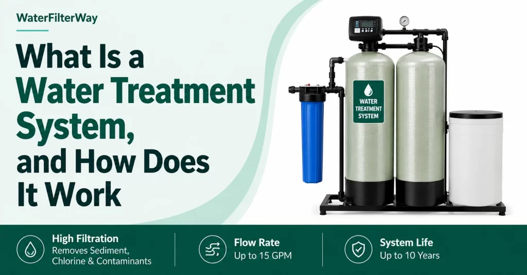 Modern water treatment system showing multi-stage filtration process transforming impure water into clean and safe drinking water