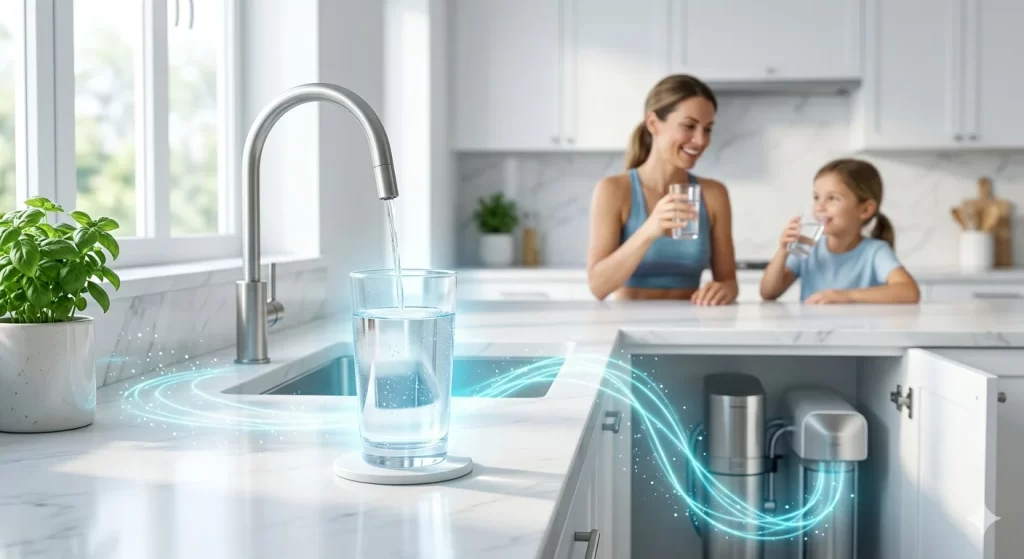 Glass of clean drinking water with modern water filtration system representing healthy lifestyle and safe water purification