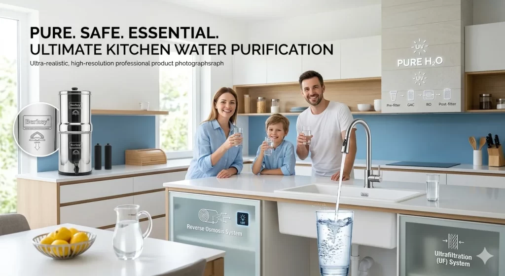 A modern minimalist kitchen featuring a happy family drinking clean water. The scene showcases various purification systems: a stainless steel gravity filter on the counter, a Reverse Osmosis (RO) system under the sink, and an Ultrafiltration (UF) label. In the foreground, crystal-clear water flows into a glass under bright, natural lighting.