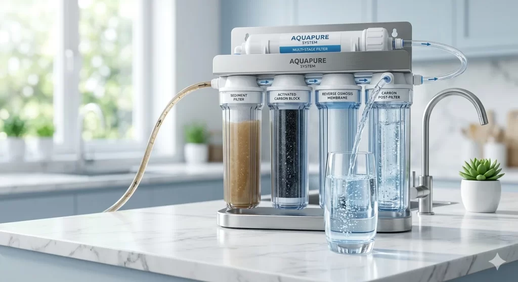 Modern water treatment system showing 7 key purification stages transforming impure water into clean and safe drinking water