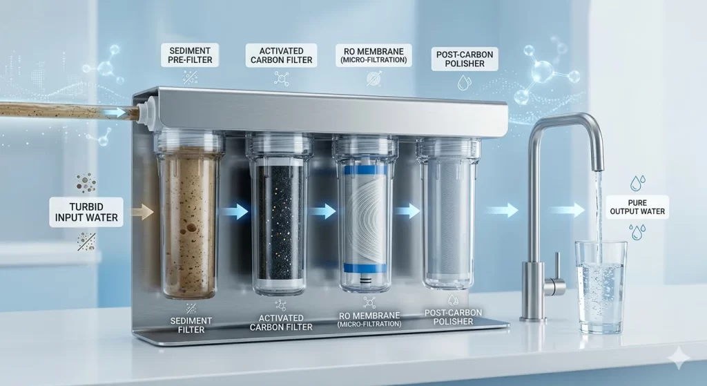 Modern water treatment system showing multi-stage filtration process transforming impure water into clean and safe drinking water