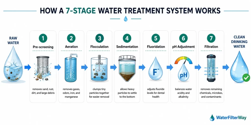 Infographic showing how a 7-stage water treatment system works, including pre-screening, aeration, flocculation, sedimentation, fluoridation, pH adjustment, and filtration, transforming raw water into clean drinking water.