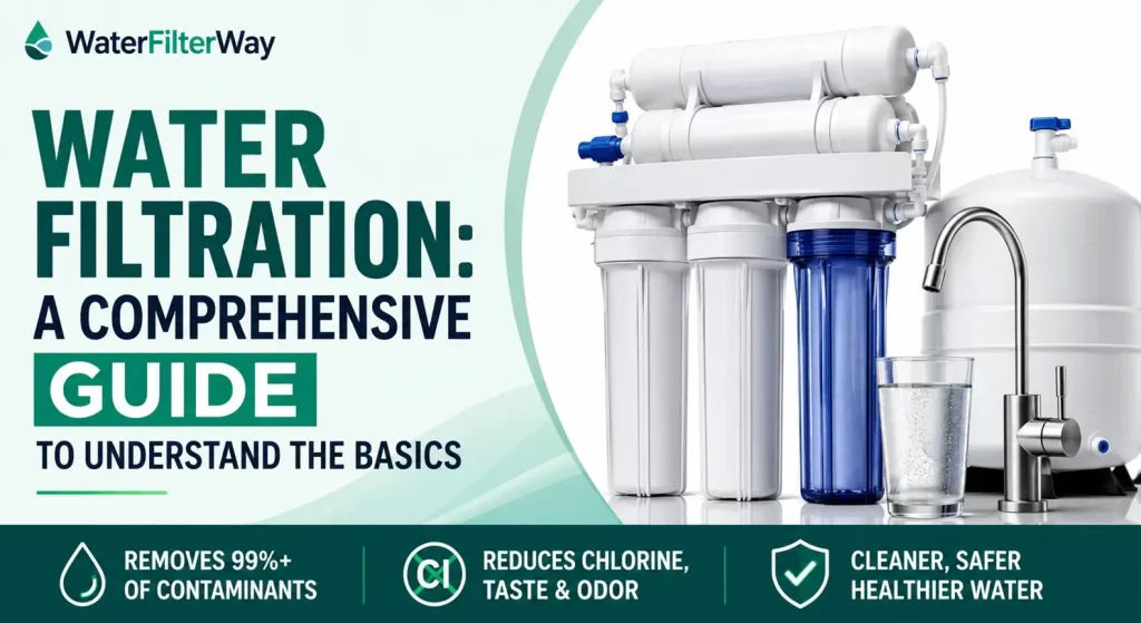 Water filtration system diagram showing the process of removing contaminants from water for clean and safe drinking