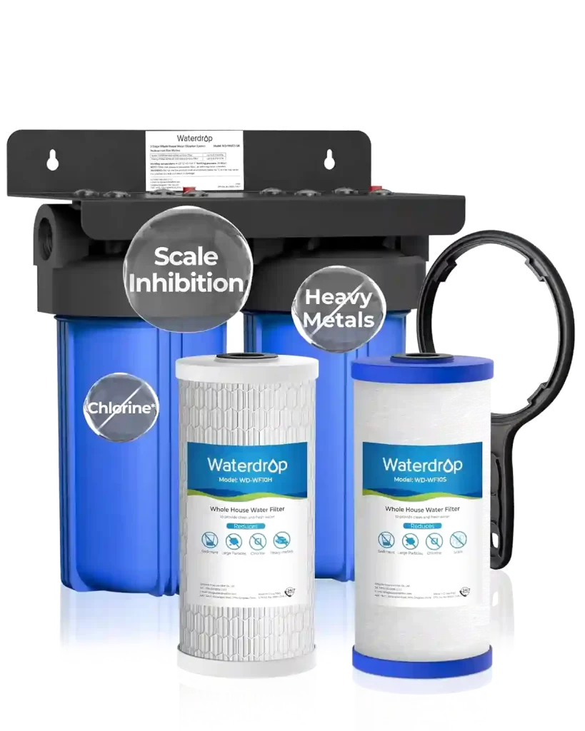 Waterdrop 2-stage whole house water filtration system with sediment and anti-scale filter.