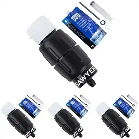 Sawyer Micro Squeeze Water Filtration System SP2129 ultralight portable water filtration system with high-flow filter, squeeze pouch, and compact 2.0 oz design for hiking, camping, and outdoor survival use.