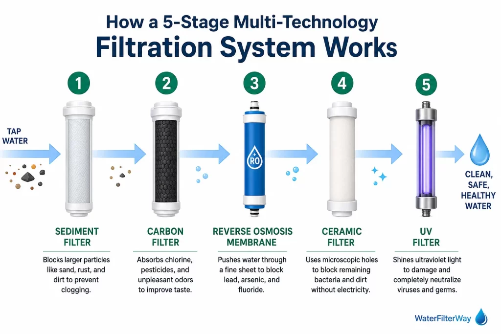 Diagram showing how a 5-stage multi-technology water filtration system works using a sediment filter, carbon filter, reverse osmosis membrane, ceramic filter, and UV filter to produce clean, safe drinking water.