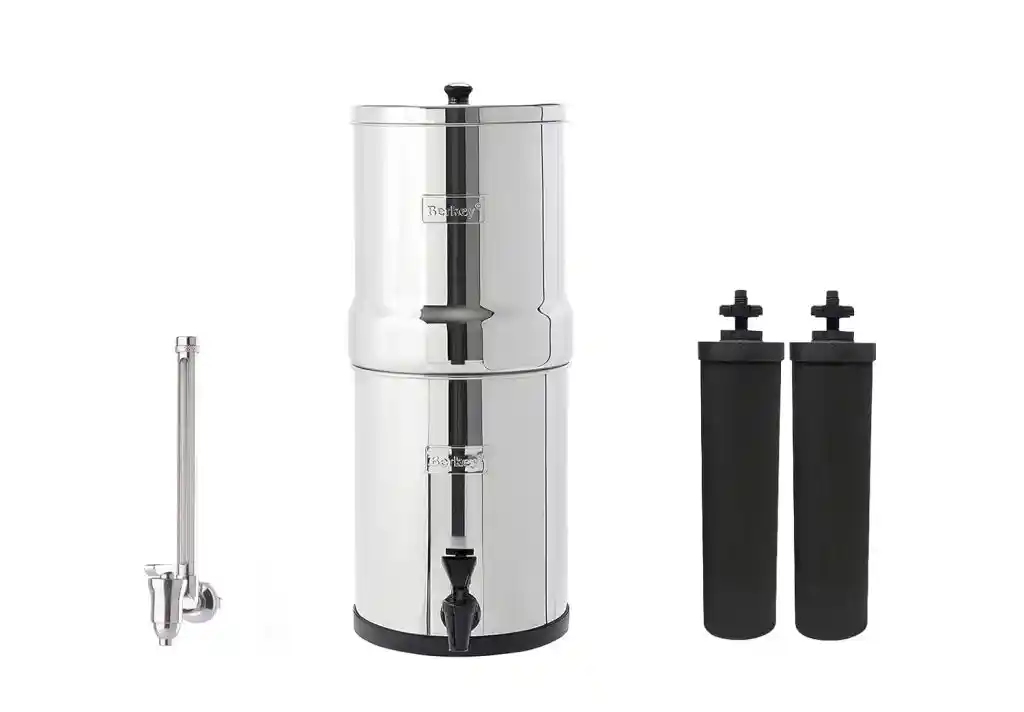 Travel Berkey Gravity-Fed Water Filter System stainless steel water filtration system with dual filter elements, designed for travel and off-grid use, providing clean drinking water through gravity-fed purification without electricity.