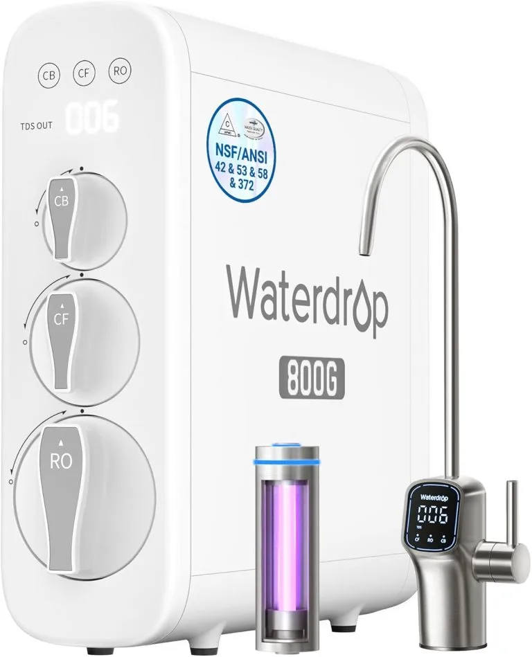 Waterdrop G3P800 reverse osmosis system installed under kitchen sink, delivering high-capacity purified drinking water with advanced filtration technology for home use