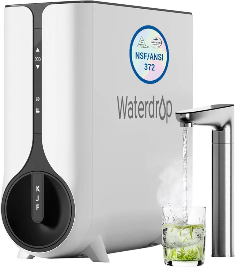 Waterdrop instant hot water dispenser reverse osmosis system installed in modern kitchen providing purified hot and cold drinking water with advanced filtration technology for home use