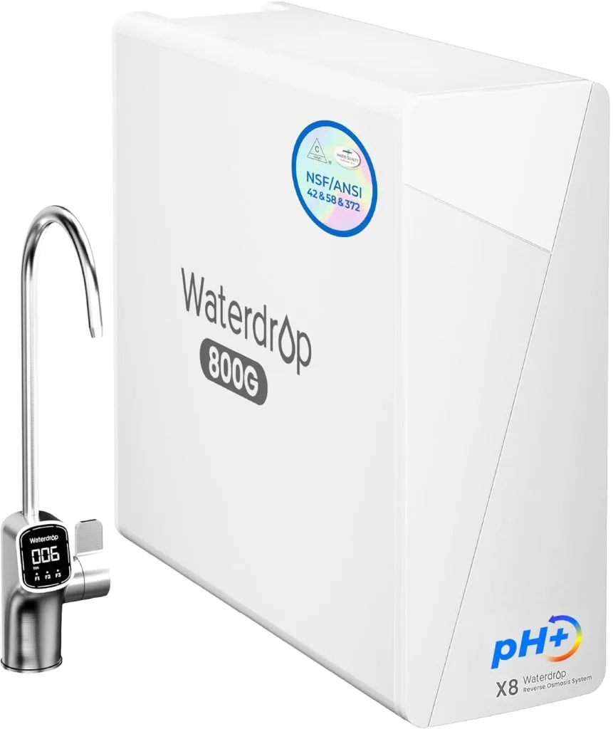 Waterdrop X8-Alkaline Mineral pH+ tankless reverse osmosis system installed under kitchen sink providing continuous purified, mineral-rich drinking water for modern home use