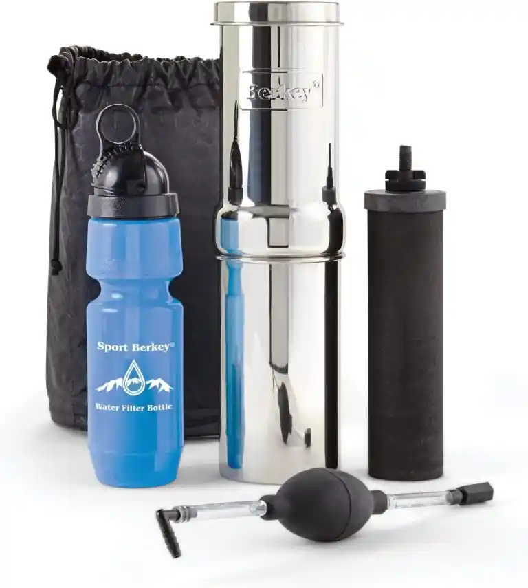 Portable Go Water Filter Kit for clean drinking water, featuring compact filtration system components designed for outdoor use, travel, and emergency water purification.