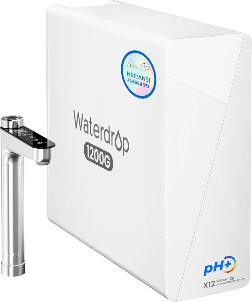 Waterdrop X12-Alkaline Mineral pH+ reverse osmosis system installed under kitchen sink providing clean, alkaline, mineral-rich drinking water for home use