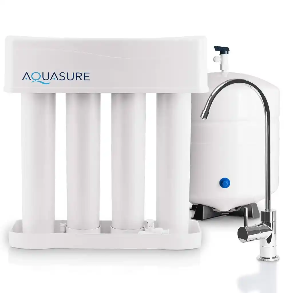 Aquasure Premier 4-Stage Reverse Osmosis System under-sink reverse osmosis water filtration system with 4-stage purification, 75 GPD capacity, compact design, and clean drinking water output for home use.