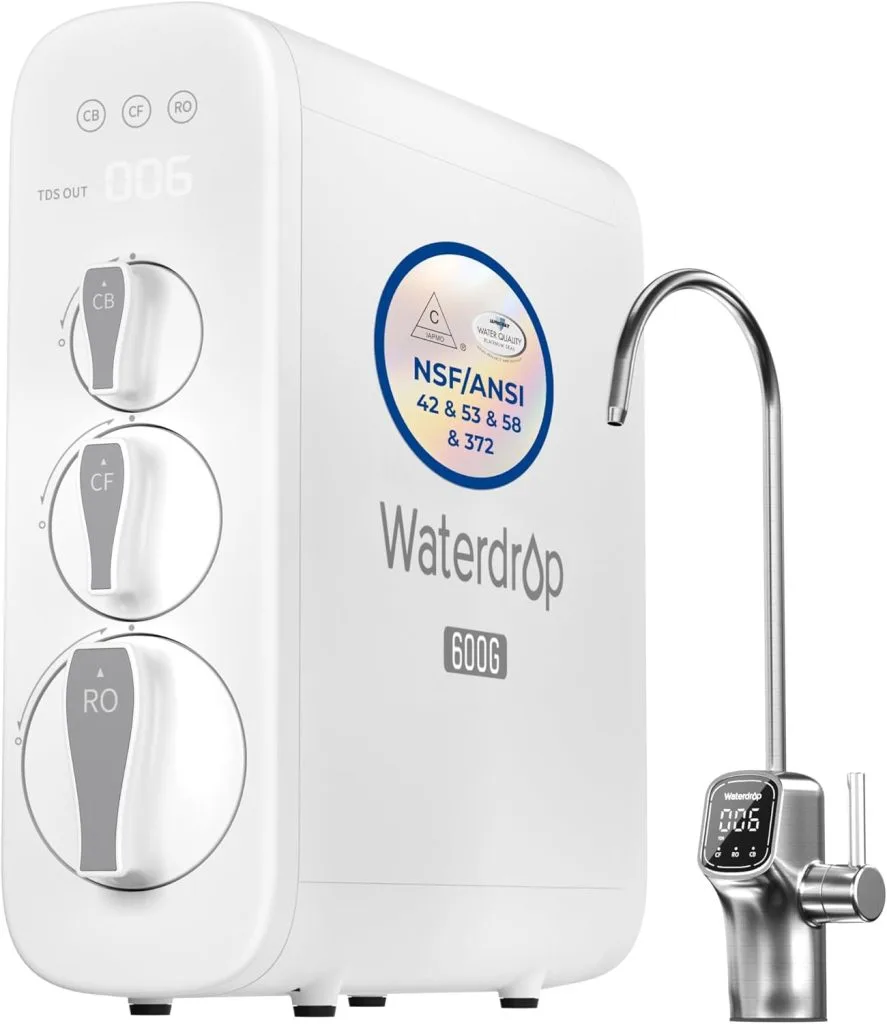 Waterdrop G3P600 reverse osmosis system installed under kitchen sink providing fast-flow, multi-stage filtered clean drinking water for modern home use
