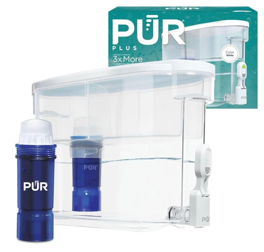 PUR PLUS 30-Cup water filter dispenser with large filtered water capacity for refrigerator use.