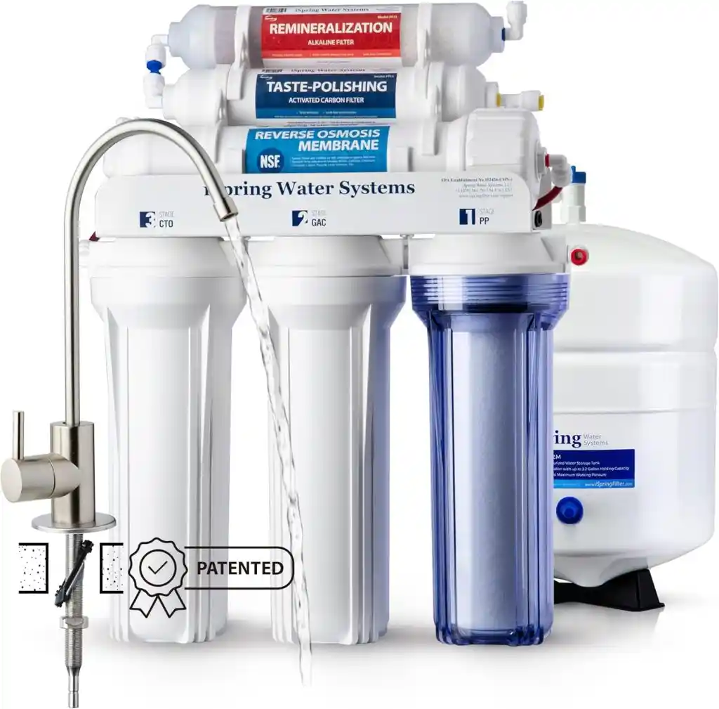 iSpring RCC7AK 6-stage reverse osmosis system with NSF certification and 75 GPD capacity installed under kitchen sink