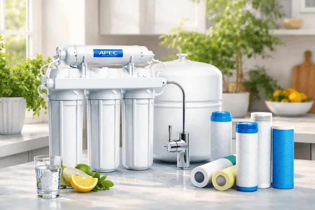 APEC reverse osmosis water filter system installed under a kitchen sink with clean drinking water setup