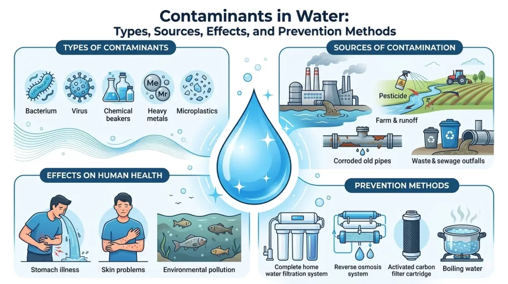 A clean, professional infographic titled "Contaminants in Water." A large blue water droplet sits at the center, surrounded by four quadrants: Types of Contaminants (bacteria, viruses, chemicals, heavy metals, microplastics), Sources of Contamination (factories, farms, old pipes, waste), Health and Environmental Effects (stomach illness, skin issues, polluted ecosystems), and Prevention Methods (filtration systems, reverse osmosis, carbon filters, boiling).