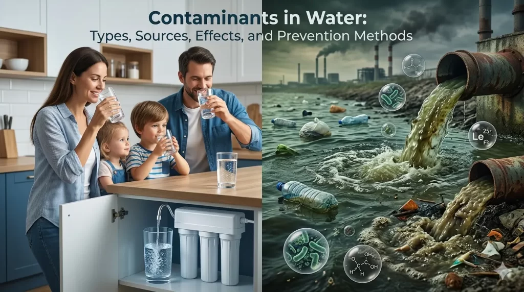 Illustration showing clean and contaminated water with pollutants, bacteria, industrial waste, and water filtration methods for safe drinking water.