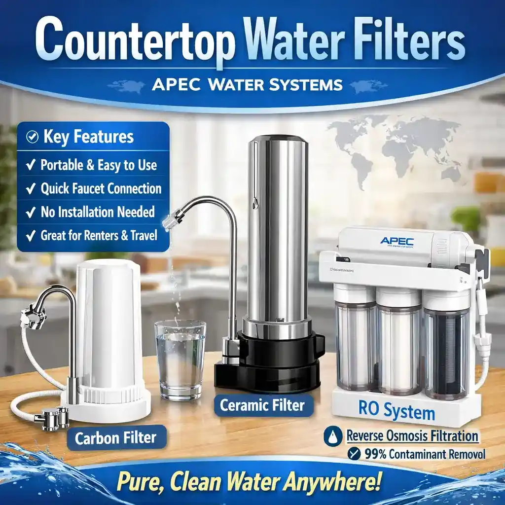 Countertop water filter system placed on a kitchen counter for purified drinking water