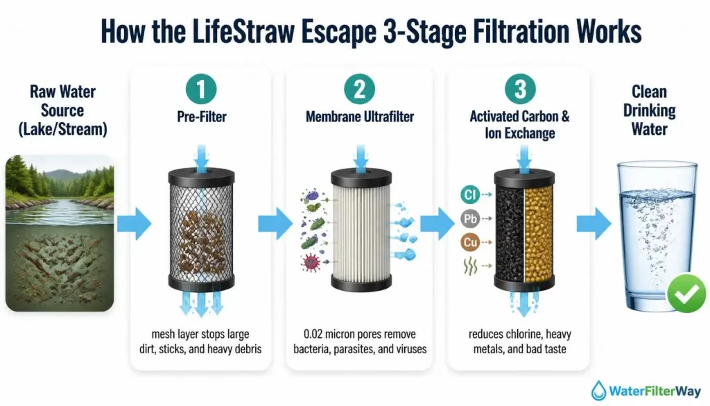 LifeStraw Escape 3-Stage Water Filtration Process Diagram