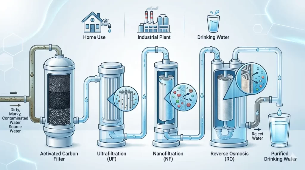 Diagram showing water purification systems including filtration, reverse osmosis, UV treatment, and disinfection processes used to remove contaminants from water
