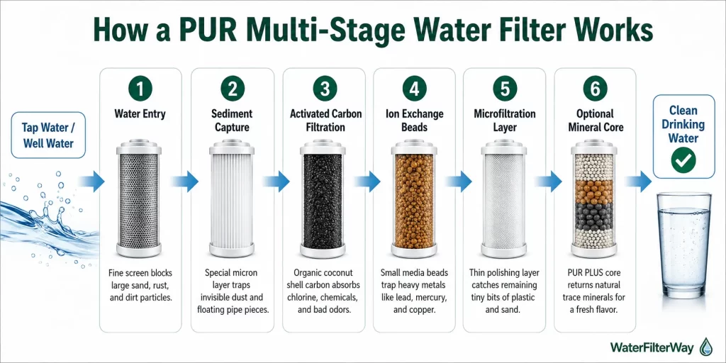 How a PUR multi-stage water filter works infographic showing six filtration stages from tap or well water to clean drinking water
