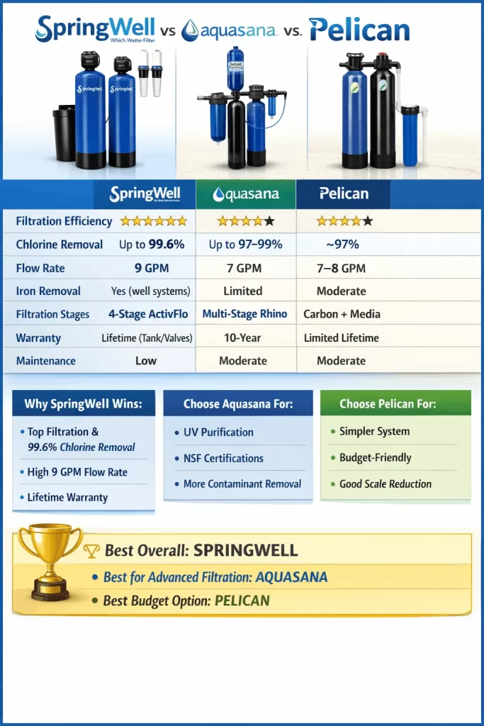 Comparison chart of SpringWell vs Aquasana vs Pelican whole house water filter systems — filtration, flow rate, certifications, warranty, and pricing