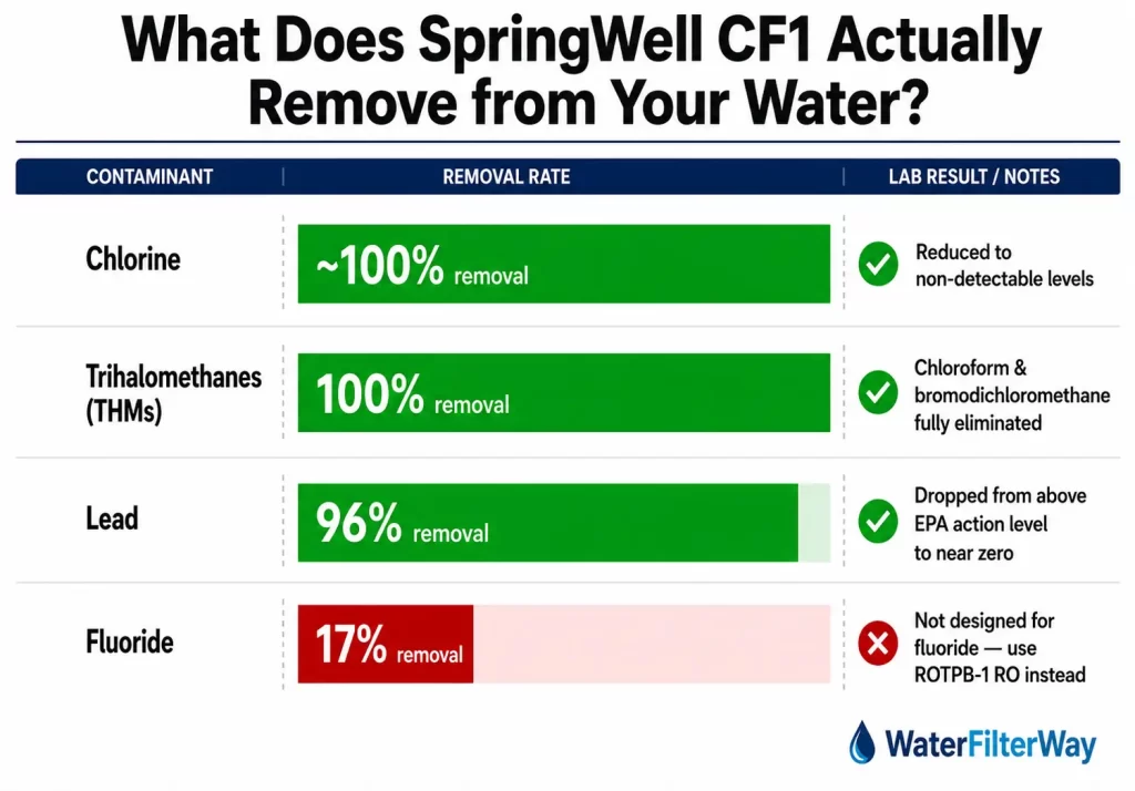 SpringWell CF1 water filter removal chart showing chlorine, THMs, lead, and fluoride filtration performance.