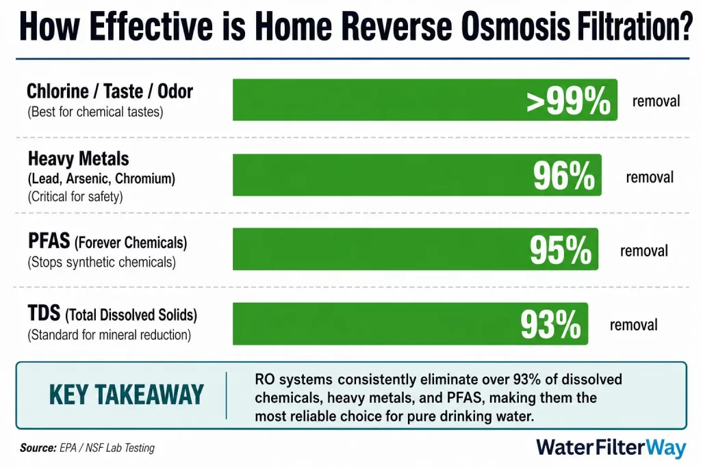 Horizontal infographic showing reverse osmosis filtration removing over 93% of chlorine, heavy metals, PFAS, and TDS with comparison bars.