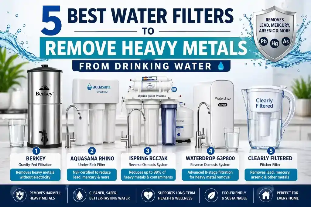 Infographic of the 5 best water filters to remove heavy metals like Lead, Mercury, and Arsenic, featuring Berkey, Aquasana Rhino, iSpring RCC7AK, Waterdrop G3P800, and Clearly Filtered.