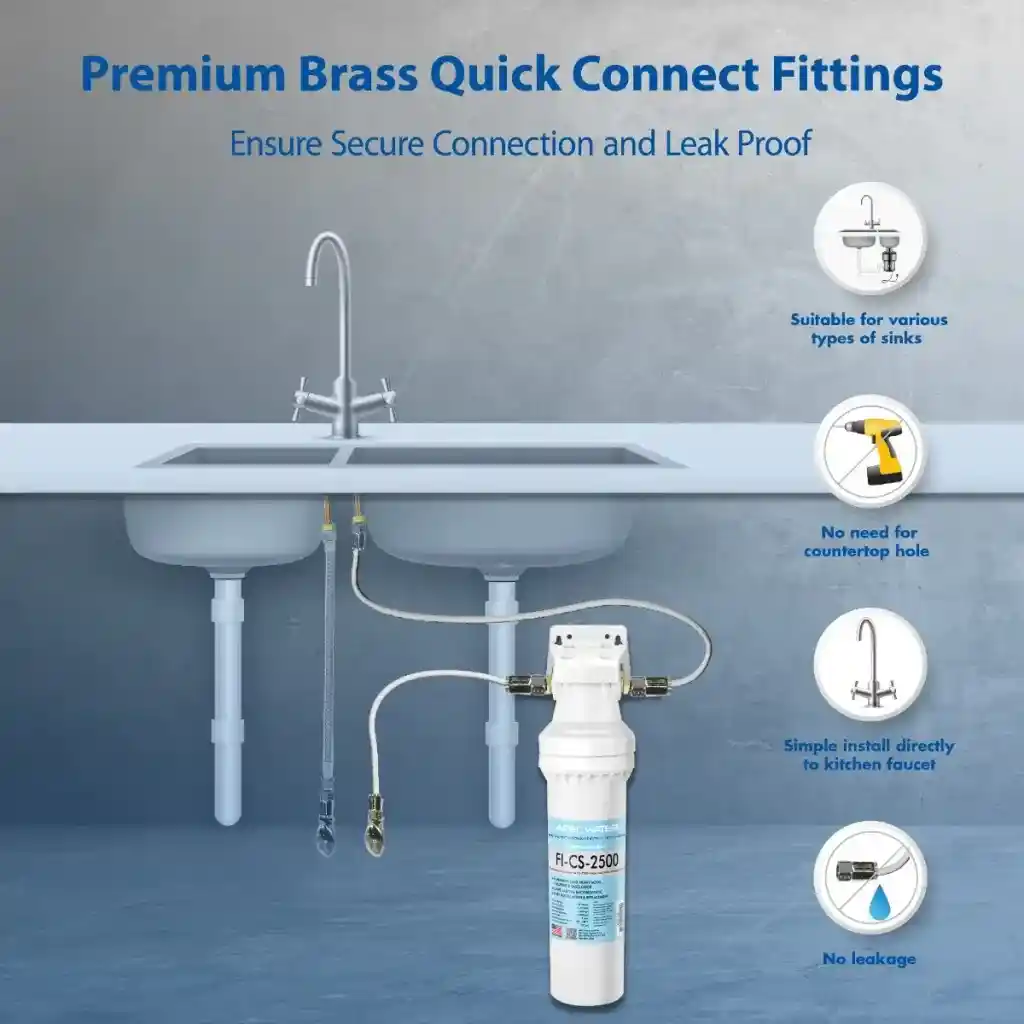Under-sink non-RO water filter system installed beneath a kitchen sink for clean drinking water
