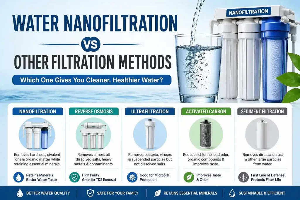 Infographic comparing water nanofiltration with reverse osmosis, ultrafiltration, activated carbon, and sediment filtration systems.