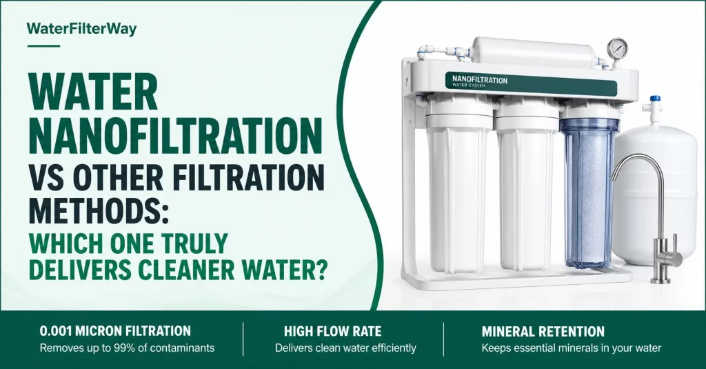 Water nanofiltration system compared with other water filtration methods, highlighting 0.001-micron filtration, high flow rate, and mineral retention benefits for cleaner drinking water.