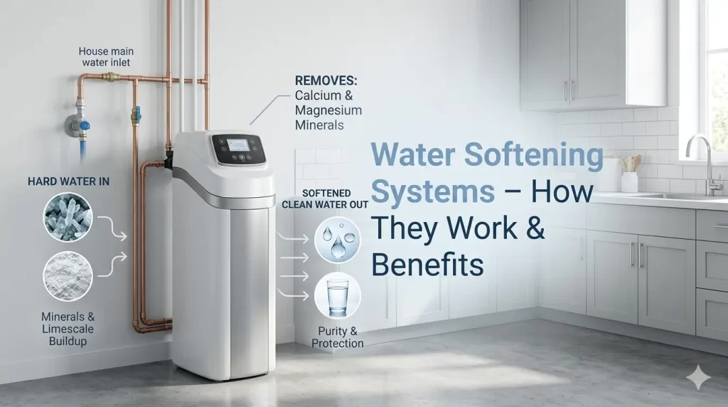 A high-resolution photo of a modern white water softener system installed with copper pipes in a sleek home kitchen, alongside an infographic showing mineral removal and an overlay title about how they work and their benefits.