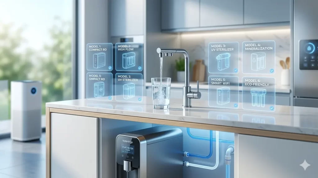 Modern Waterdrop reverse osmosis water filter system installed in a clean kitchen for safe home drinking water purification