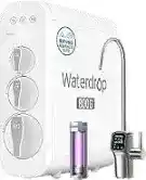 Waterdrop G3P800 reverse osmosis system installed under a kitchen sink with a tankless design, smart faucet, and high-capacity water filtration technology.