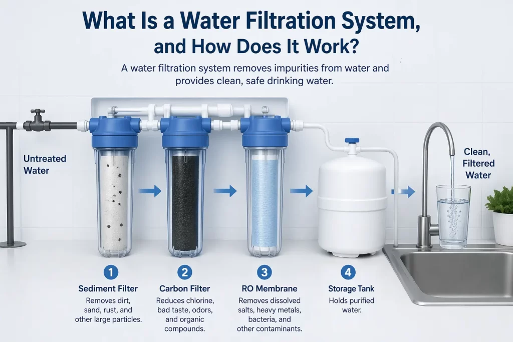 Step-by-step diagram showing how a water filtration system works, including sediment filter, carbon filter, RO membrane, storage tank, and clean drinking water output.