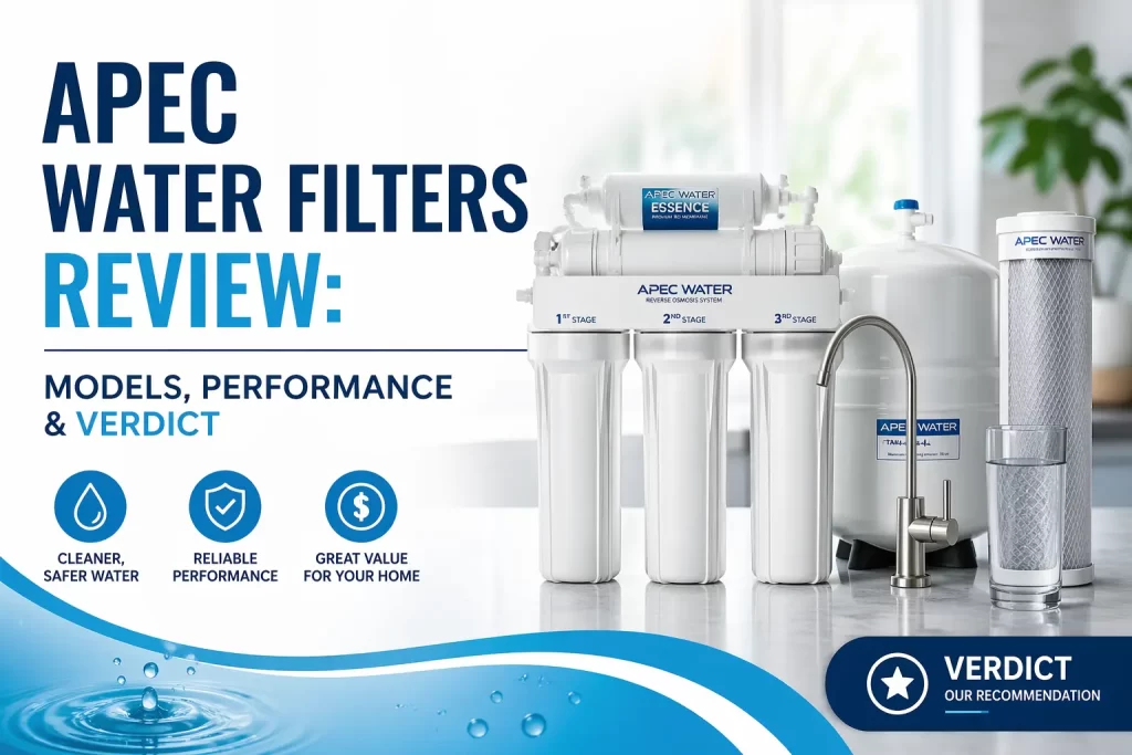 APEC water filter system review showing reverse osmosis unit, tank, and faucet with focus on models, performance, and final verdict