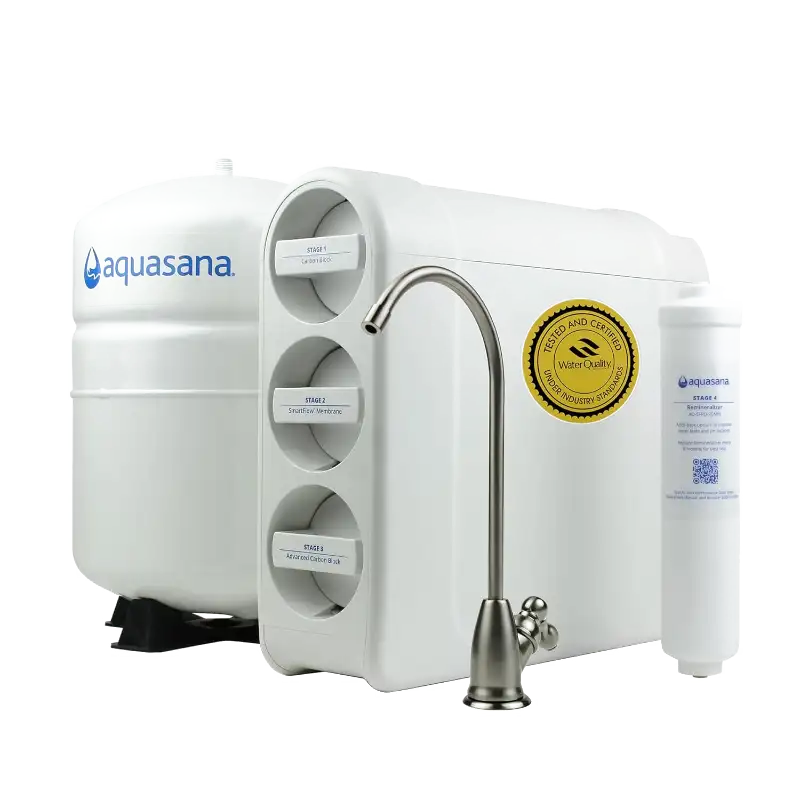 Aquasana SmartFlow reverse osmosis under sink water filtration system.