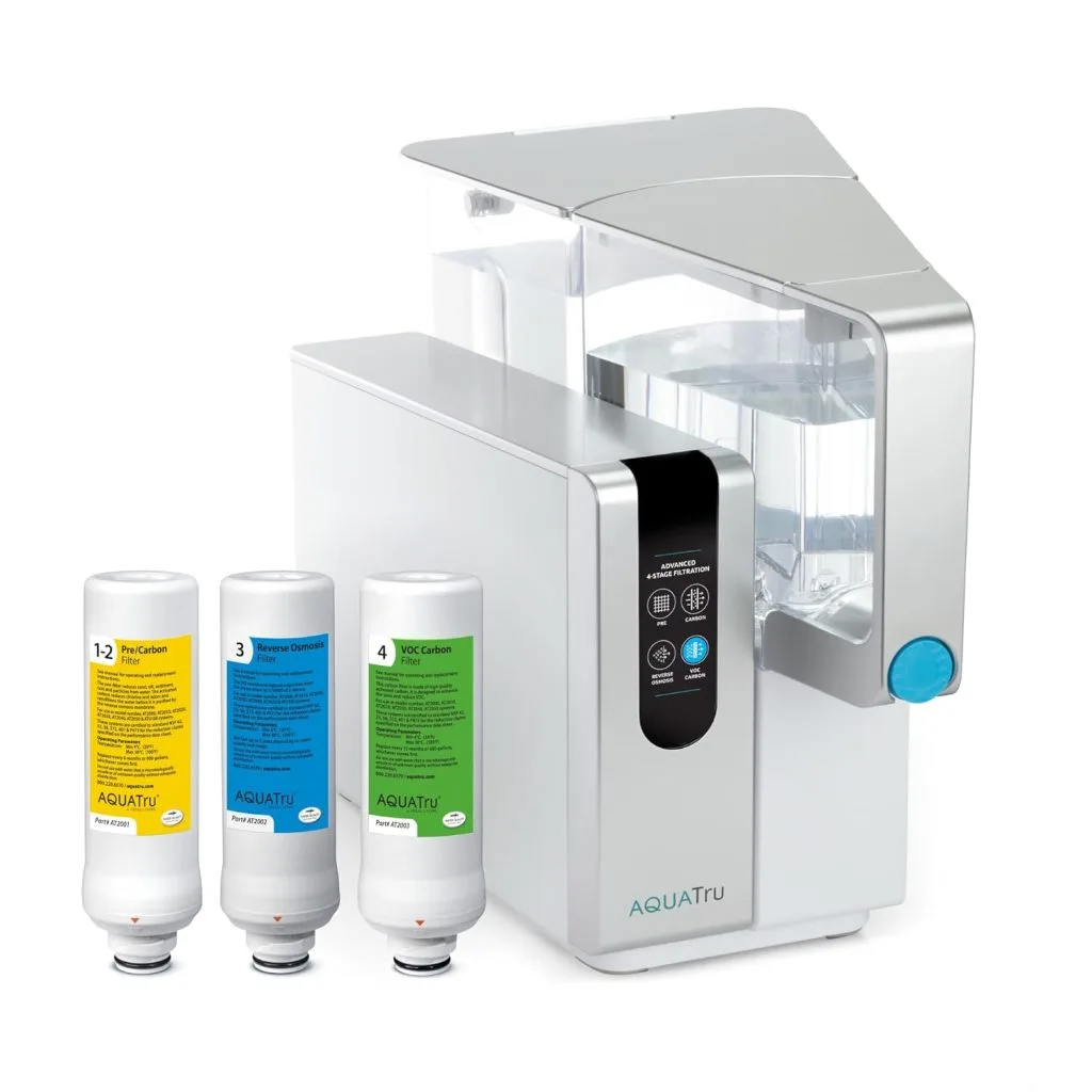 AquaTru Classic countertop water filtration system providing clean drinking water on a kitchen counter.