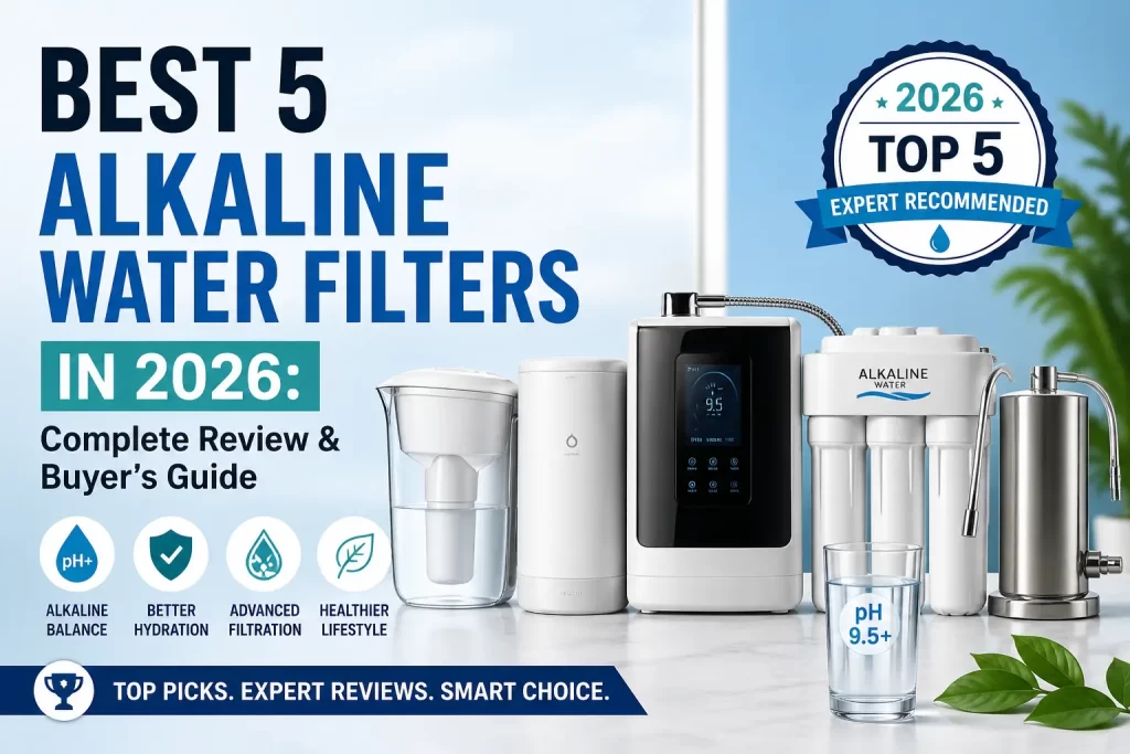 5 Best Alkaline Water Filters in 2026 featuring pitcher, countertop, and under-sink systems for clean, healthy, high-pH drinking water