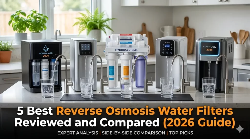 A side-by-side comparison of 5 top-rated reverse osmosis water filtration systems on a modern kitchen counter for the 2026 expert guide.